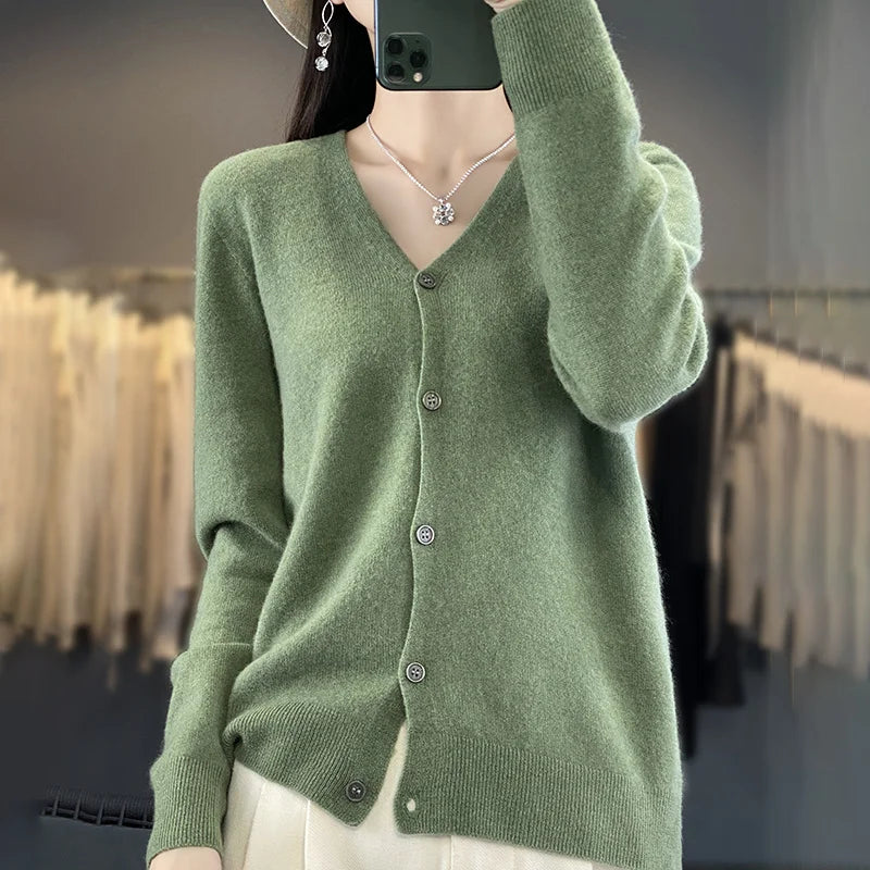 New Fashion Spring Autumn 100% Merino Wool Women's V-neck Cardigan Cashmere Sweater 2024 Female Knitwear Clothing Korean Tops