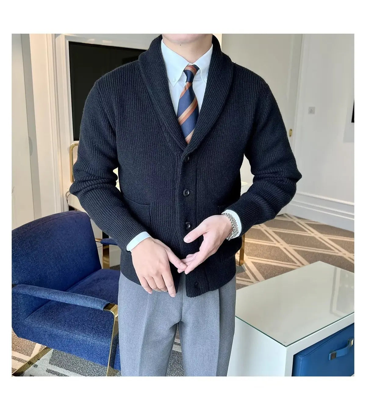 Men's Clothing Cardigan Jacket V Neck Coat Knit Sweater Male Plaid Elegant Casual Long Sleeve 100% Korean 2024 Autumn Classic