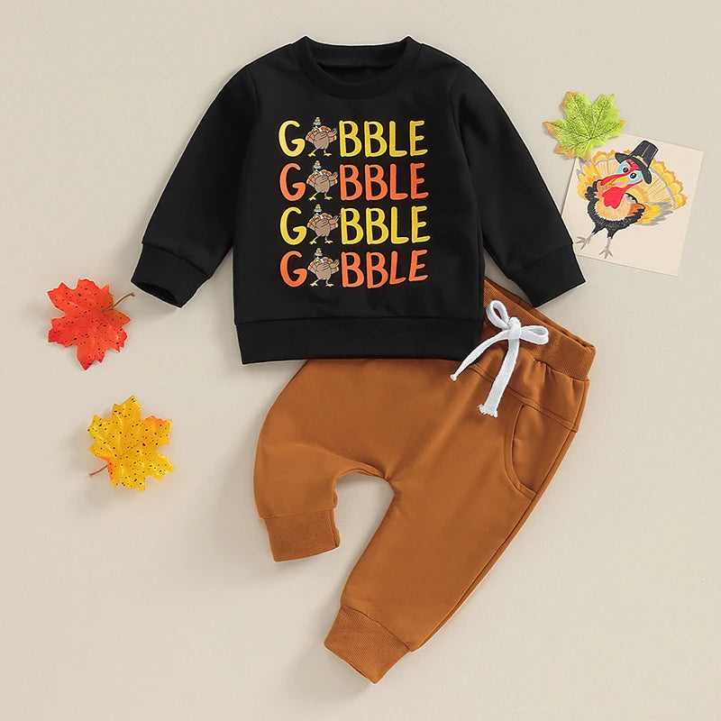 Toddler Baby Girl Boy Thanksgiving Outfits 3 6 9 12 18 24Month 2t 3t Long Sleeve Turkey Sweatshirt Top Pant Clothes Set