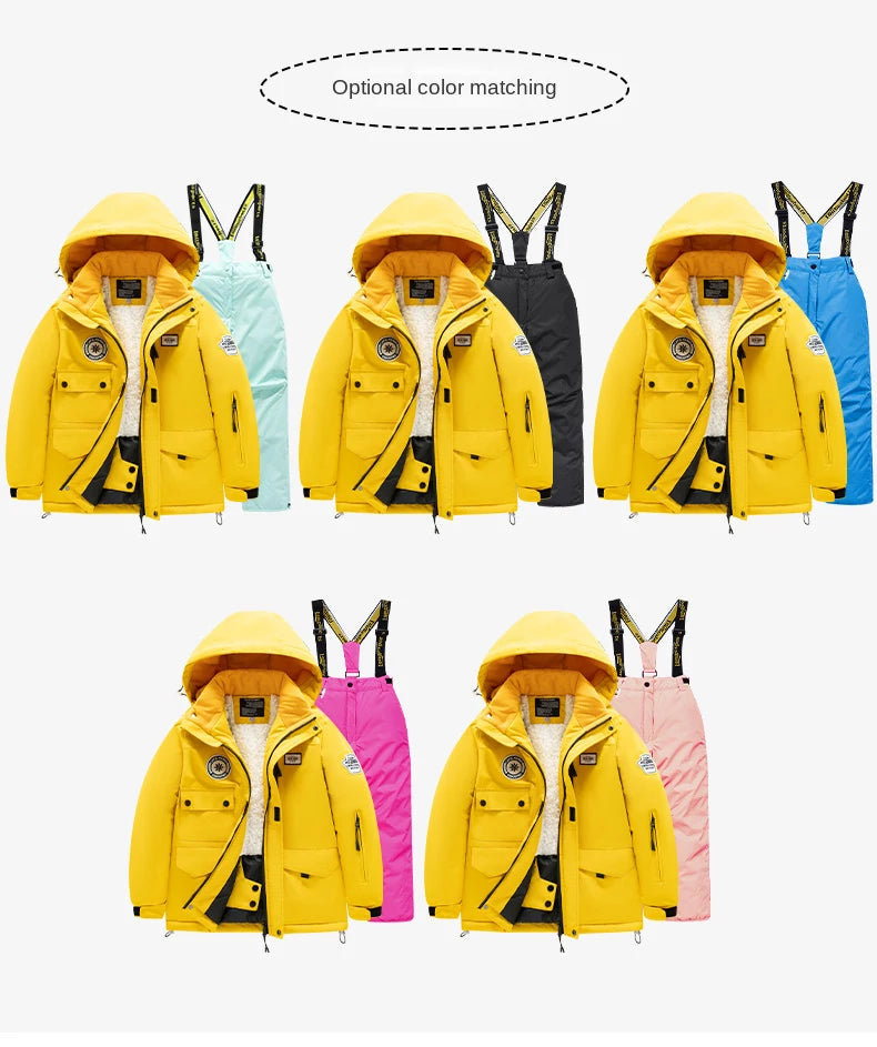 Winter children's skiing suit for boys and girls, windproof and waterproof thick coat for warmth and snow playing equipment