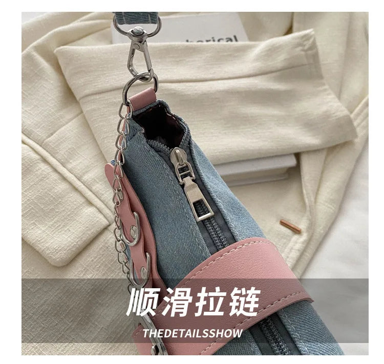 Y2k Hot Girls Denim Shoulder Bags Retro Rivet Star Women's Underarm Bag Portable Female Chain Armpit Bag Small Purse Handbags