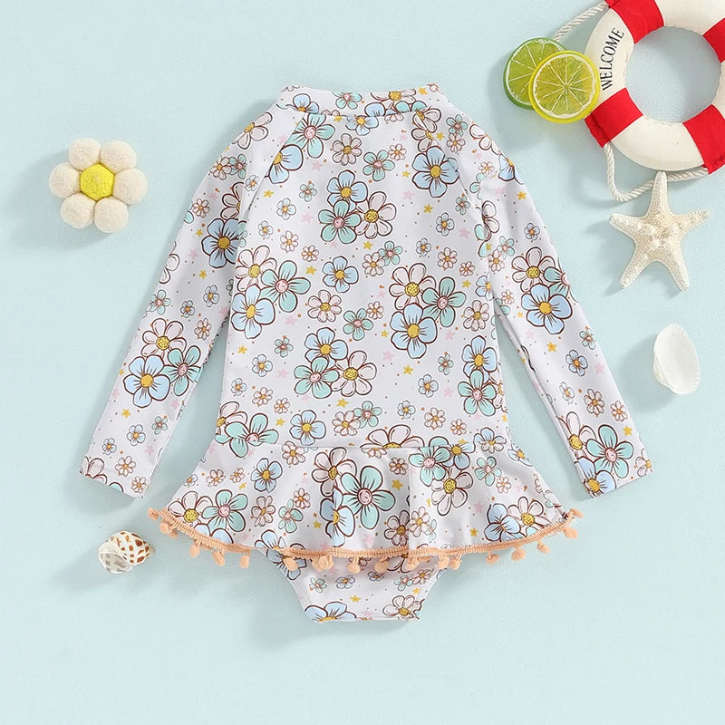 VISgogo Toddler Girls Summer Swimwear Beachwear Long Sleeve Crewneck Bobble Decor Zip Up Floral Bathing Swimsuit