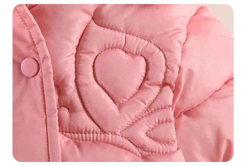 2025 Winter New Girls Jacket Long Solid Color Lining Berber Fleece Thick Warm Hooded Parka For 4-10Y Girls Bow Fashion Snowsuit