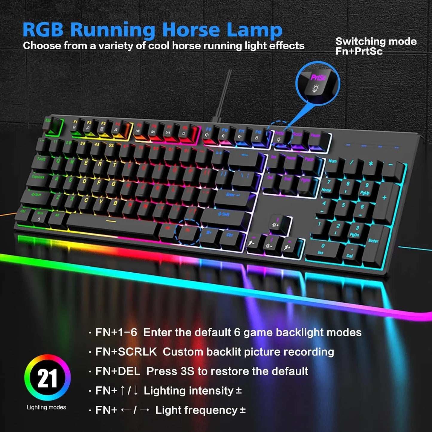 Gaming Mechanical Keyboard, Type-c Wired Keyboard/Blue Switch, Durable Abs Keycaps/104-Key/21 RGB Modes, LED Backlit