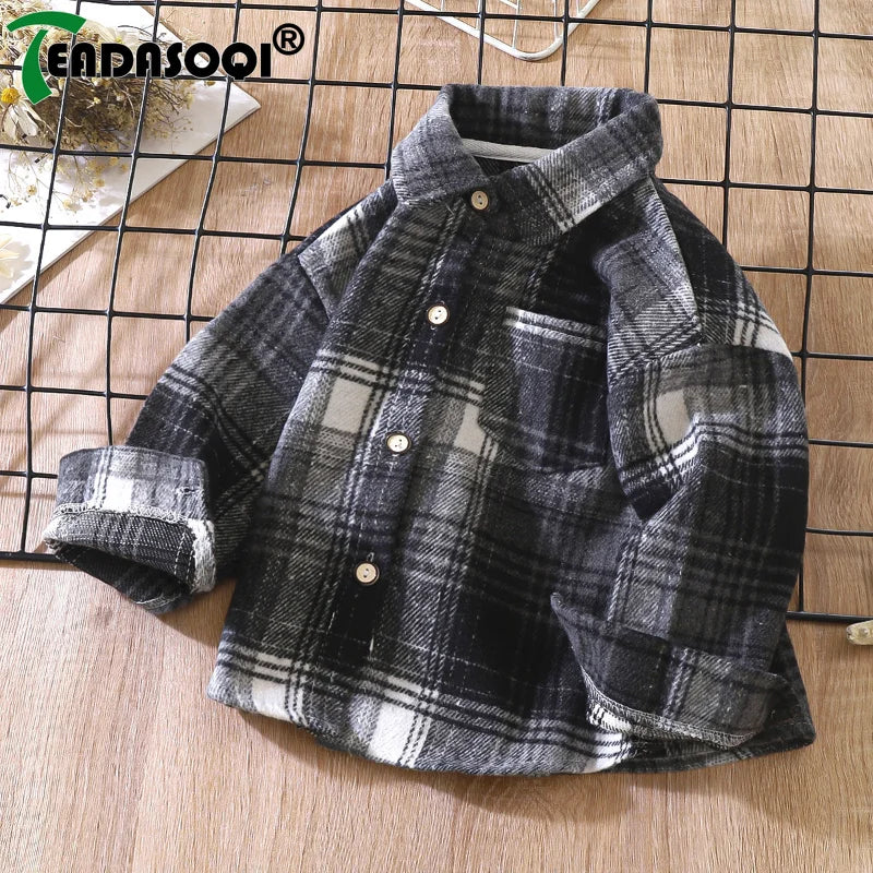 2-9Y Kids Boys Girls Spring Fall Vintage Plaid Shirt Cotton Clothing Long Sleeve Lapel Single Breasted Cardigan Base T-shirt