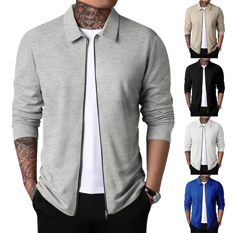 Spring and autumn new men's Sportswear, zippered long sleeved polo shirt+polyester fiber, solid checkered