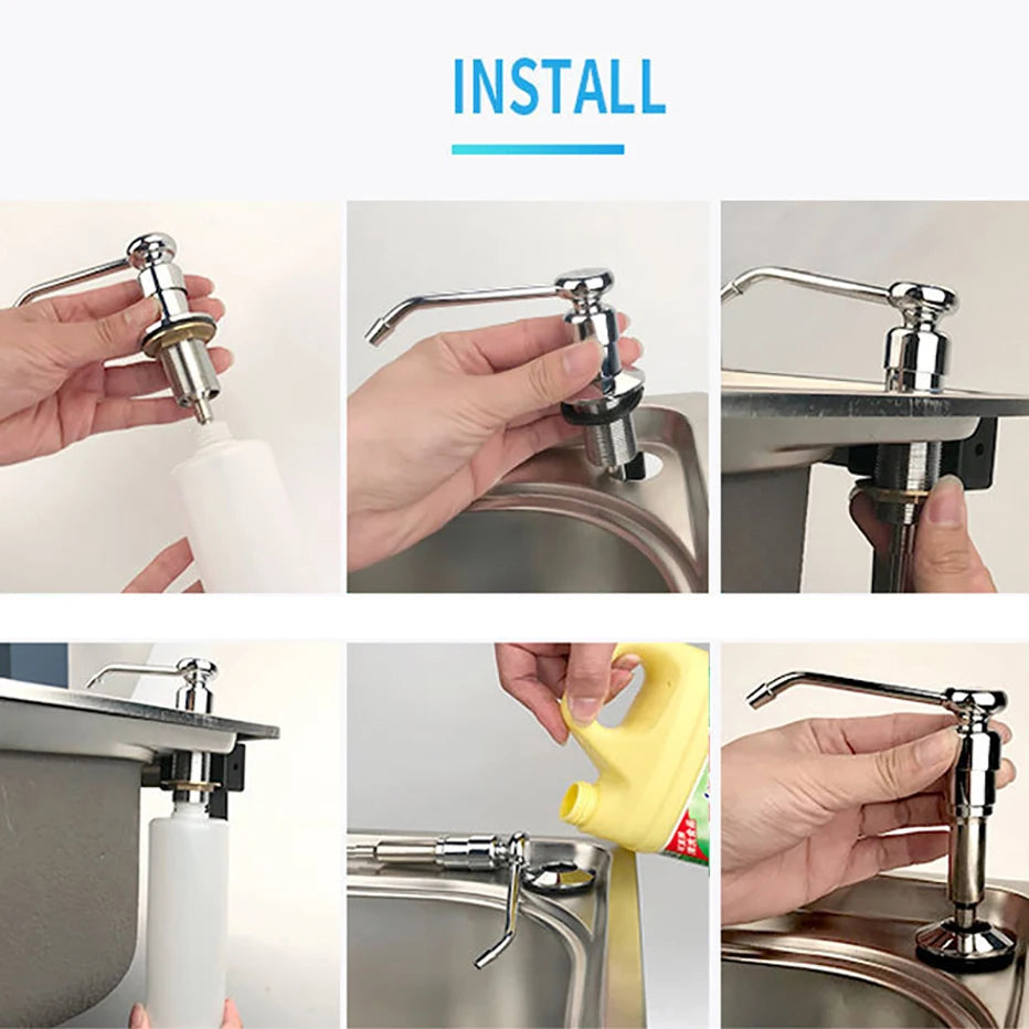 Stainless Steel Sink Soap Dispenser Kitchen Detergent Liquid Soap Dispenser Refillable Hand Press Sink Built-in Bottle