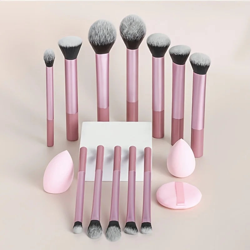 15pcs Makeup Brush Set, Including 12pcs Multi-Functional Ultra-Soft Makeup Brushes And 1pc Angled Tear Drop-Shaped Beauty Sponge