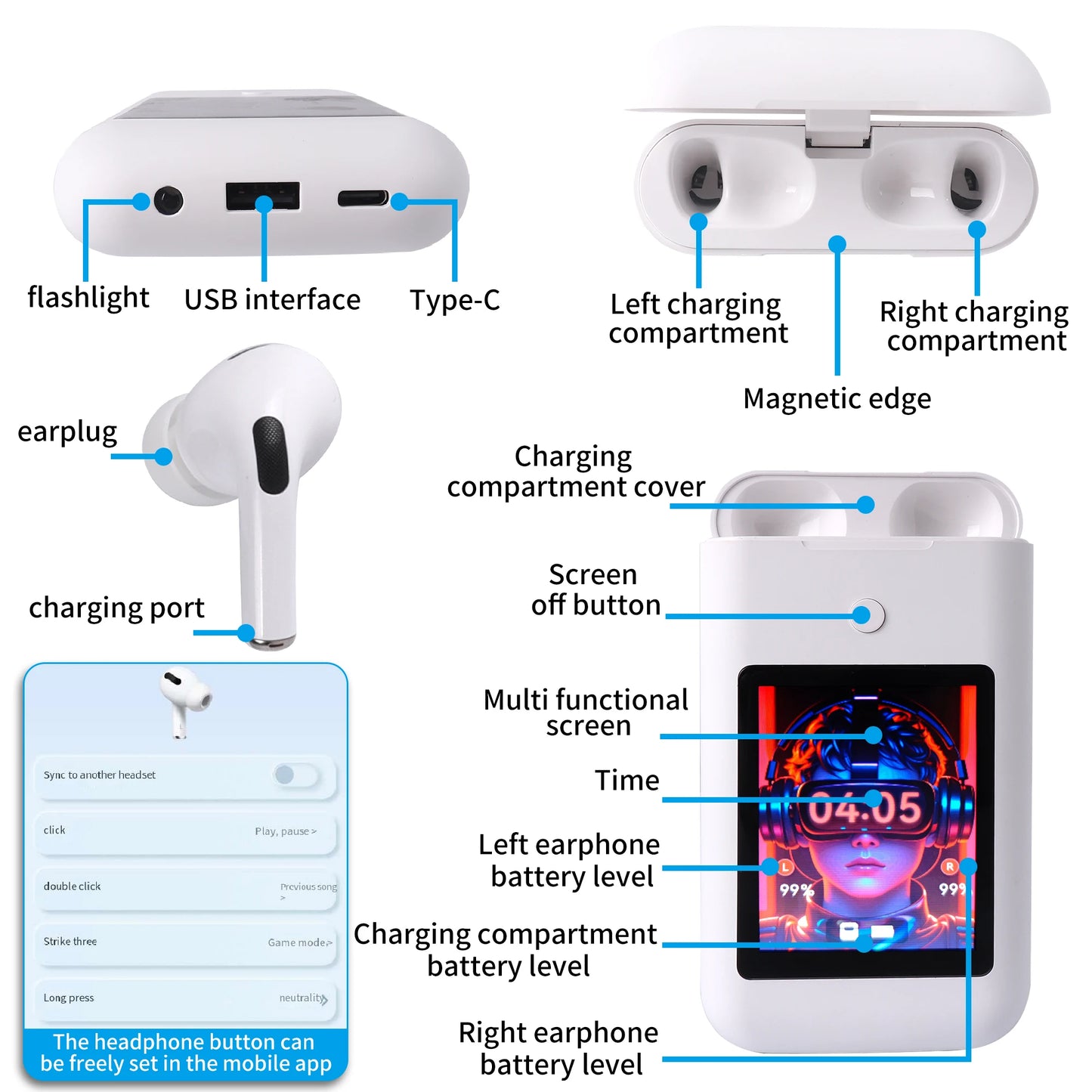 Large Screen Touch Earphone Large Battery Multiple Function In Ear Style Headphone Flashlight Power Bank Headphone Music Game