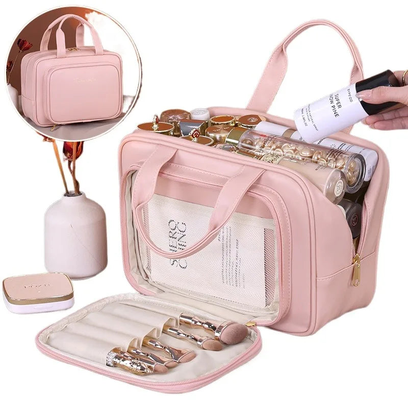 Large Capacity Makeup Bag for Women – Portable Cosmetic Organizer with Brush Holder & Carry Handle, Travel-Friendly Makeup Case
