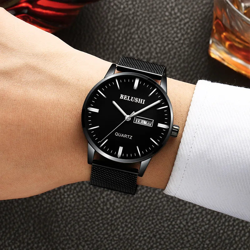 BELUSHI New Simple Student Fine Steel Mesh Wristwatch Waterproof Brand Man Watch Quartz Watch Men's Watch reloj hombre