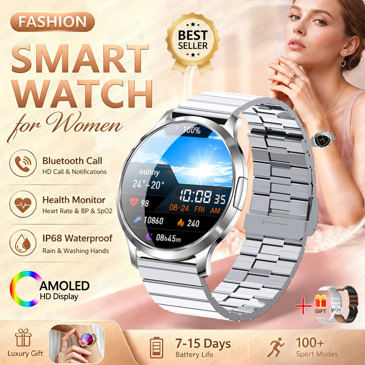 2026New Smart Watch 1.32”AMOLED Ultra-thin Display 100+Sports modes Blood Pressure Waterproof Bluetooth call Bracelet Women Gift