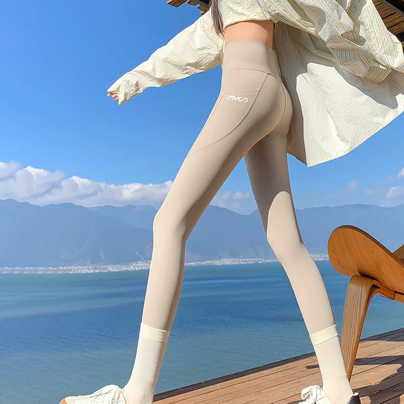 Spring Autumn Thin Sharkskin Leggings Women Side Pocket Hiking Cycling Sports Leggings Woman Naked Feeling Stretch Leggings Lady