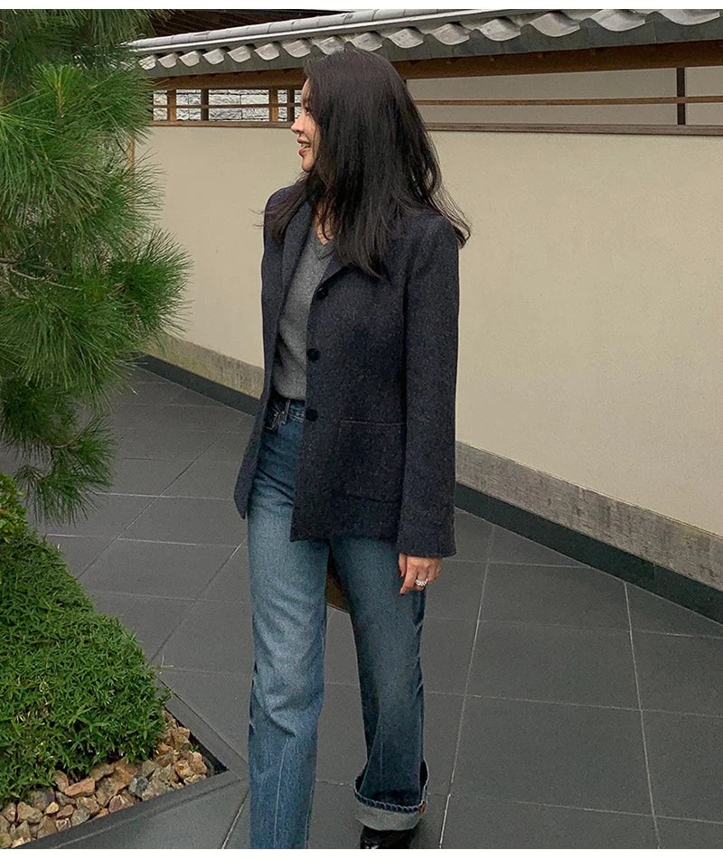 50 Wool Women Notched Collar Blazer Jacket Coat Fall Winter Thick Warm Overcoat Pocket Fashion Slim Waist Buttons Coat 2024 New