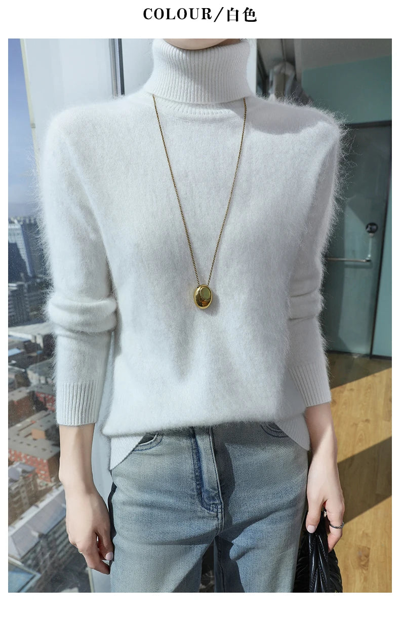 100% Mink Cashmere Top-Lapel Women Sweater Long-sleeves Fashion High-elasticity Sexy Winter Knitted Pullover Girl Tops 2024