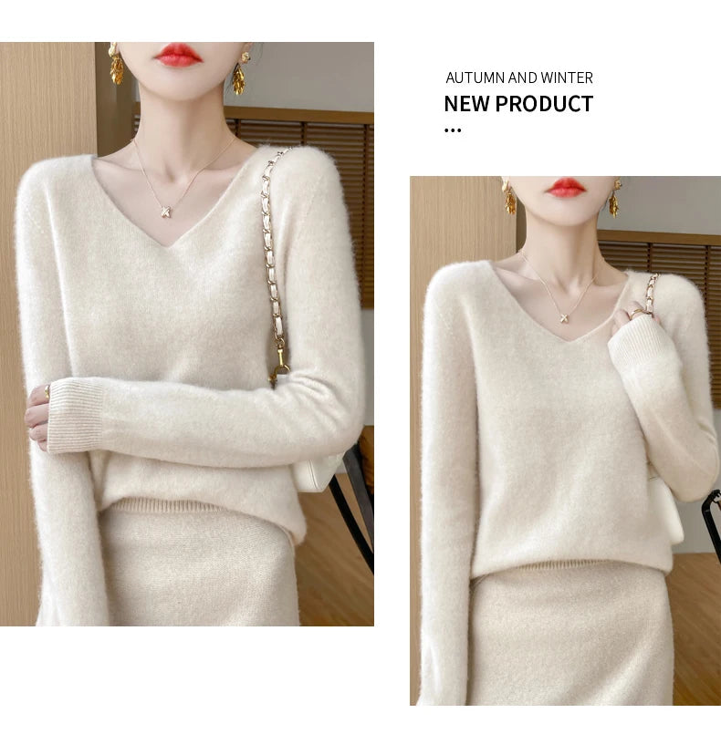 Fashion Pullover 100% Merino Wool Women Sweater V-Neck Long Sleeve Basic Jumper Spring Autumn Winter Clothing Knitwear Tops
