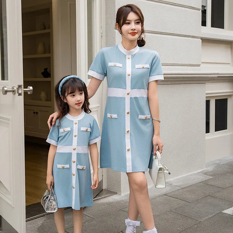 Family Bule Clothes Father and Son Polo Shirts Shorts Outfits Mother Daughter Matching Dress Brother Sister Clothes Summer