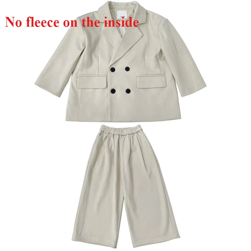 Boys Woolen Suit Set Autumn Winter Thicken Warm Casual Blazers Trousers Two-piece Children White Wedding Outfits 2 To 12 Years