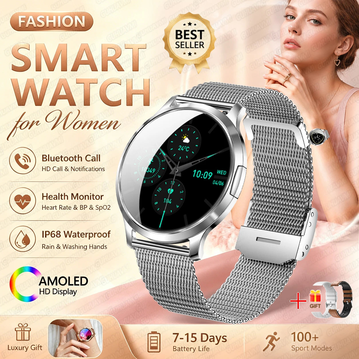 2026New Smart Watch 1.32”AMOLED Ultra-thin Display 100+Sports modes Blood Pressure Waterproof Bluetooth call Bracelet Women Gift