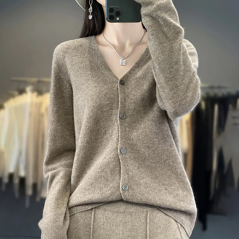New Fashion Spring Autumn 100% Merino Wool Women's V-neck Cardigan Cashmere Sweater 2024 Female Knitwear Clothing Korean Tops