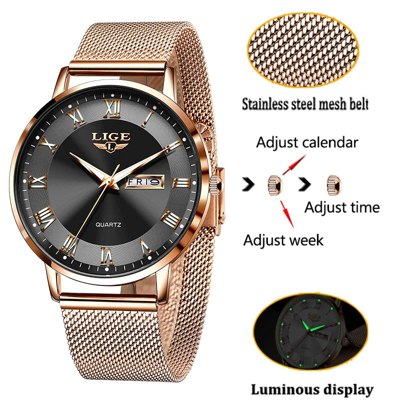 LIGE Woman Watch Luxury Ultra-thin Watch Bracelet Week Date Watches for Women Fashion Dress Ladies Watches Rose Gold Clock Gift