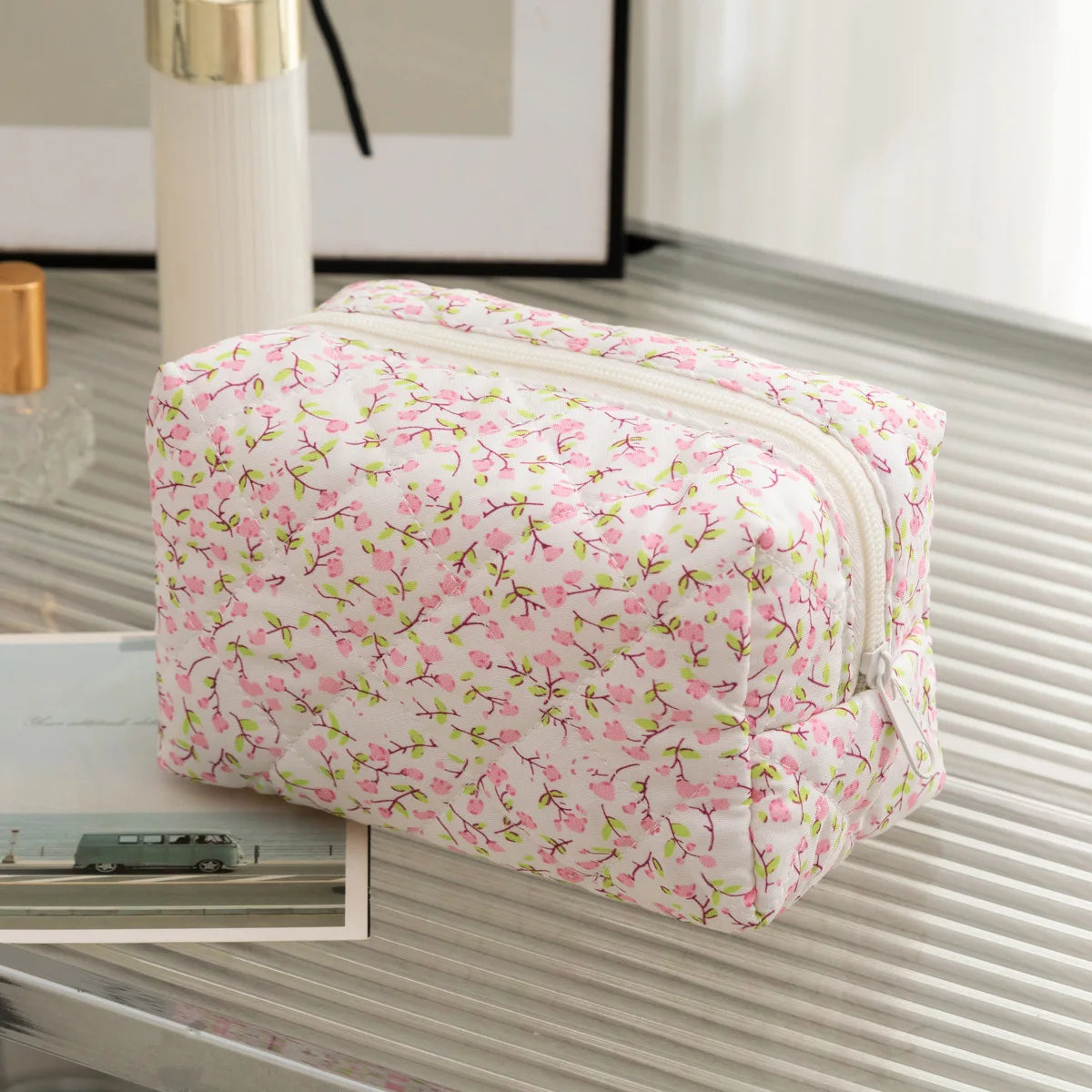 Large-Capacity Cotton Floral Quilted Makeup & Toiletry Storage Bag