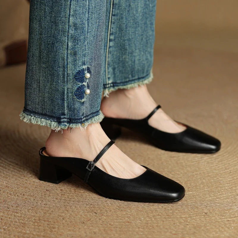 2026 New Summer Women Mules Genuine Leather Women Shoes Squared Toe med Heel Cover Toe Slingback Shallow Modern Slippers