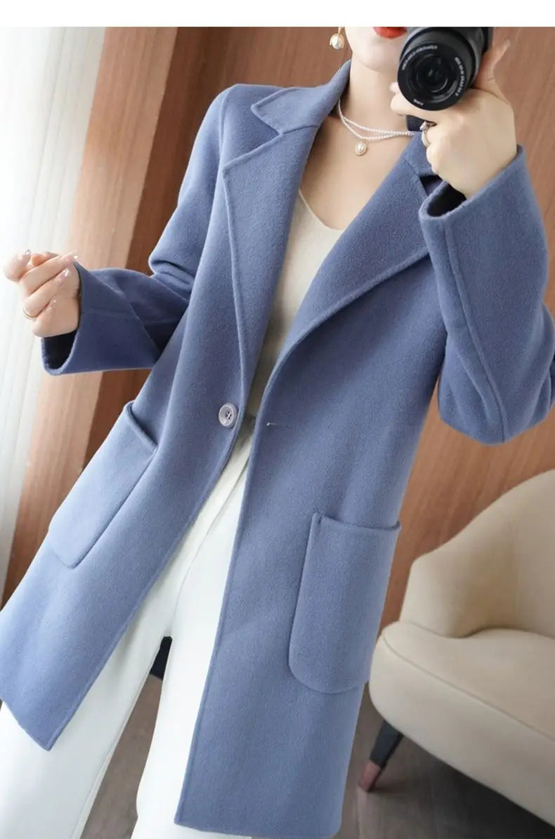 100% Pure Wool Double-Sided Cashmere Jacket Women Overcoat  Autumn Winter New Mid-Length One-Button Slim Wool Windbreakers coat