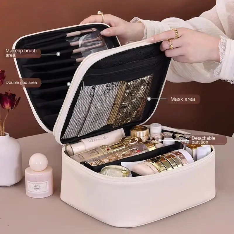 Multi-functional Cosmetic Bag Large-capacity Makeup Bag PU Double-layer Portable Travel Toiletry Pouch Women Makeup Storage Bag