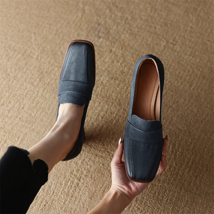 2024 Spring New GENUINE LEATHER Women Shoes LEISURE Women Slip-On Shallow Pumps Square Toe Heels Shoes Women Zapatos De Mujer