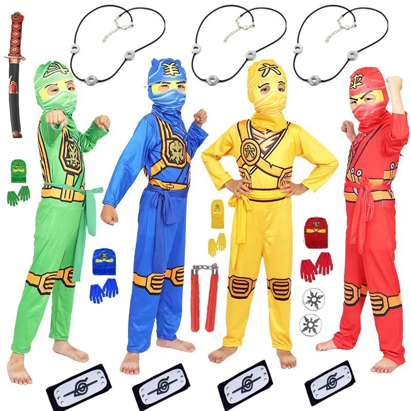 Boys And Girls Children Ninja Cosplay Street Costume 5 Colors Red Yellow Blue Green Black Jumpsuit Set Halloween Christmas Party