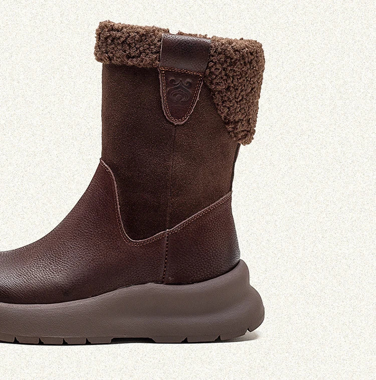 Koznoy 5cm Natural Genuine Leather Chunky Cow Spring Rubber Ankle Boots Soft Soled Winter Plush Flats Booties Autumn Women Shoes