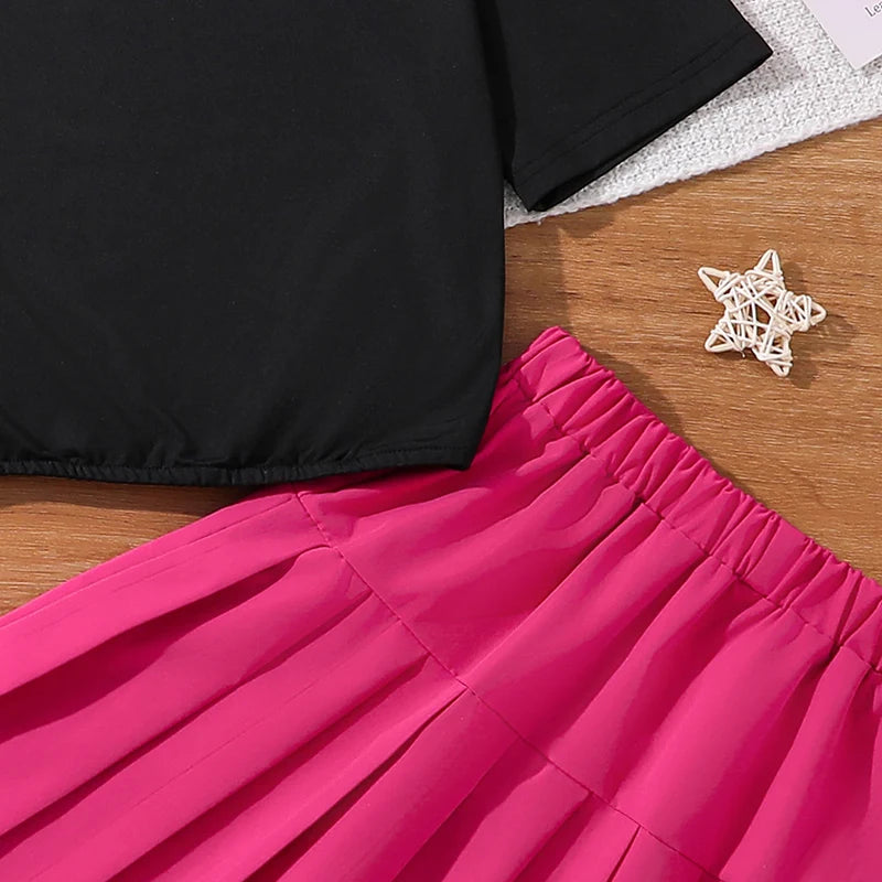 2024 New Children's Fashion Clothes Sets For Kids Girl Black Smiley T-shirt And Rose Red Pleated Skirt High Quality Korean Style