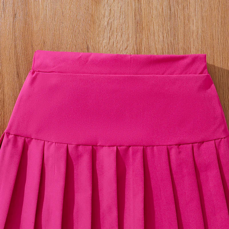 2024 New Children's Fashion Clothes Sets For Kids Girl Black Smiley T-shirt And Rose Red Pleated Skirt High Quality Korean Style