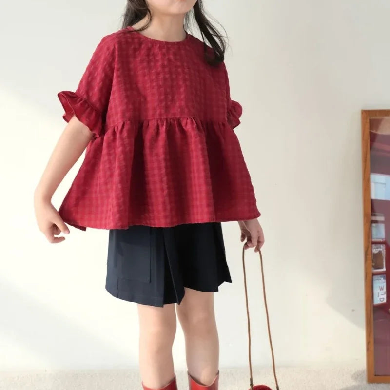 Girls' Doll Shirt 2025 Summer New Style Children's Checkered Short Sleeved Shirt Baby Retro