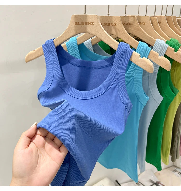 Women Solid Round Neck Ribbed Tank Top Camisole Women 2026 Summer Basic Elastic Tank Top O Neck Solid Tank Top