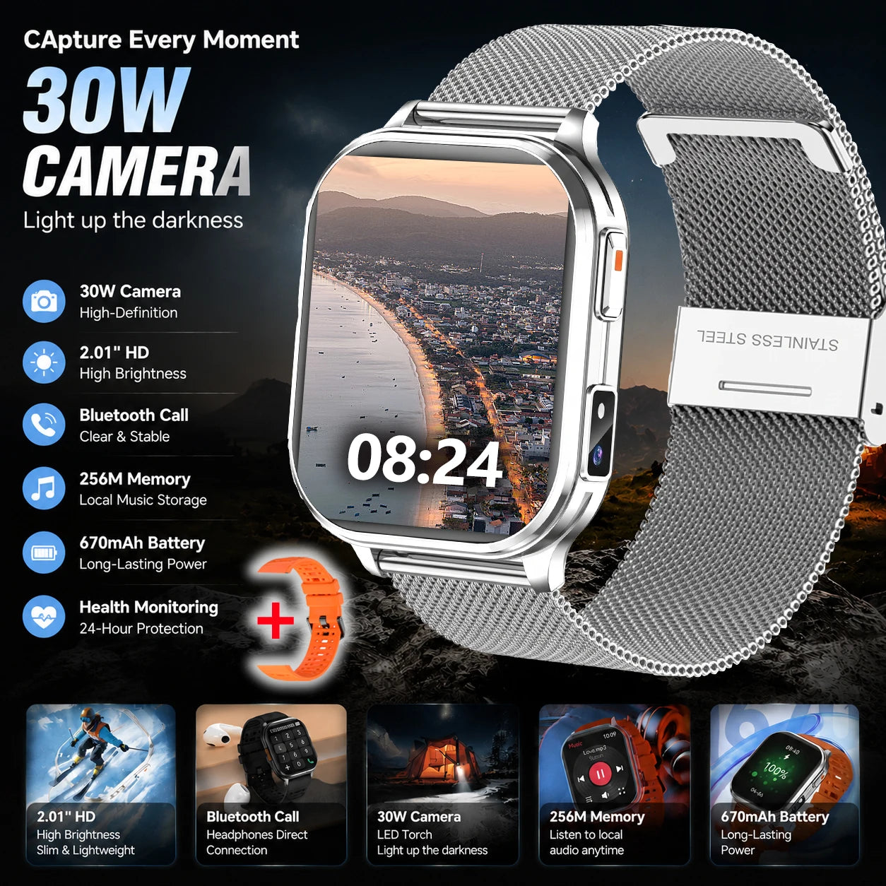 Outdoor Smart Sports Watches 2.01" 30W Camera Take Photo Video Recording Music BT Call Health Sports Mode Waterproof Smart Watch