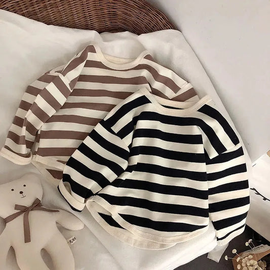 Otoño niños rayas manga larga Camiseta niño niña parte baja holgada camisa niño bebé Casual Tops moda niños camisetas de algodón