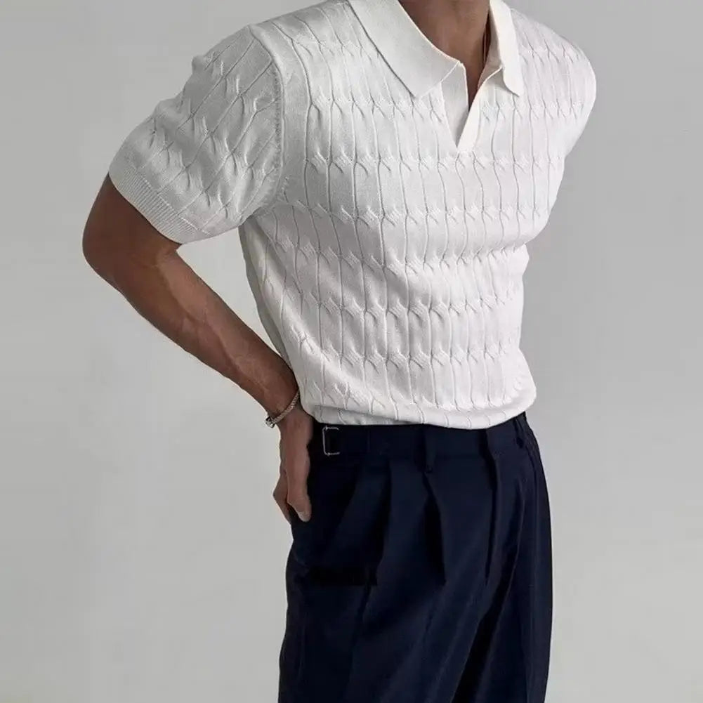 Men Jacquard Knit Top Elegant Men's V Neck Jacquard Knitted Business Shirt Formal Mid Length Summer Top with Turn-down for Men