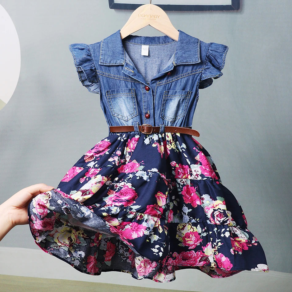 American and European Style Denim Floral Dress for Girls 2-16Yrs Youth Belted Casual Frock Kids Teenager Fashion Summer Gowns