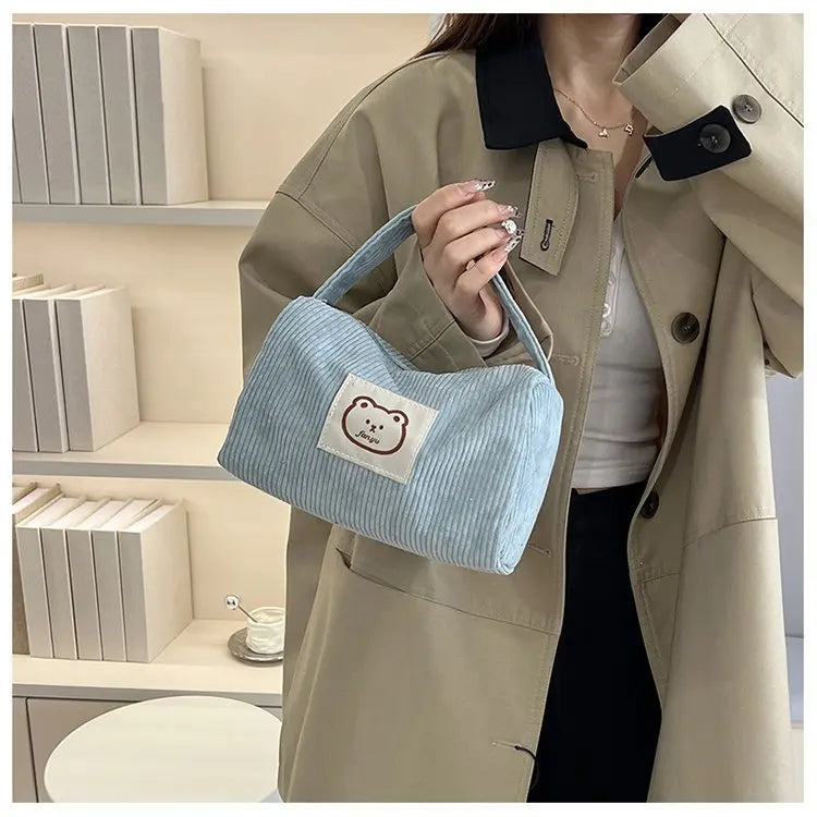 Bear Large Makeup Bag for Women Corduroy Cosmetic bag Make up Bags Zipper Pouch with handle Cosmetic Organizer Toiletry Bag
