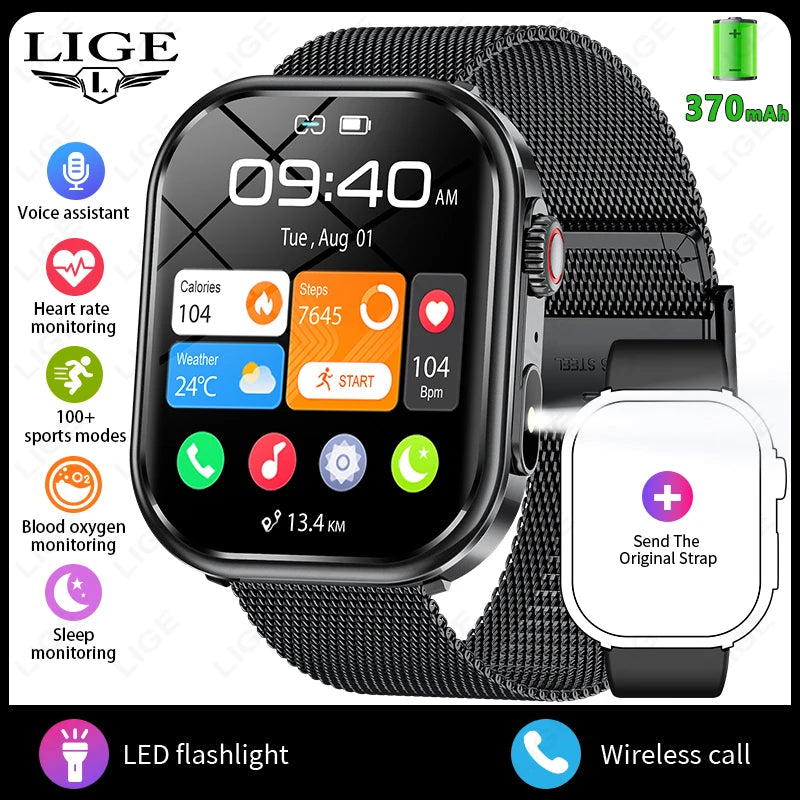 LIGE Women Smart Watch 2.01" IP68 Waterproof Outdoor Sports Tracker LED Flashlight Bluetooth Call Men Smartwatch For Android iOS