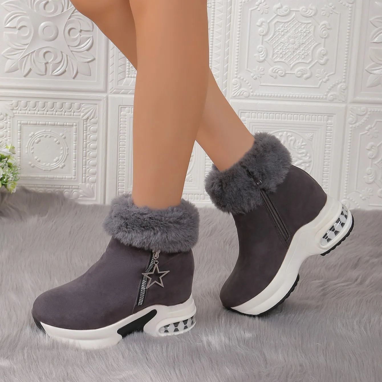 Women Boots Winter 2024 New Casual High Heels Warm Boots Thickened Fluff Wedge Shoes Fashion Outdoor Platform Snow Boots Women