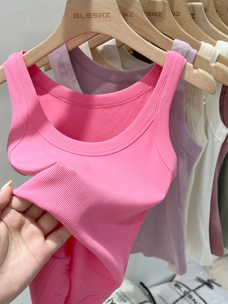 Women Solid Round Neck Ribbed Tank Top Camisole Women 2026 Summer Basic Elastic Tank Top O Neck Solid Tank Top