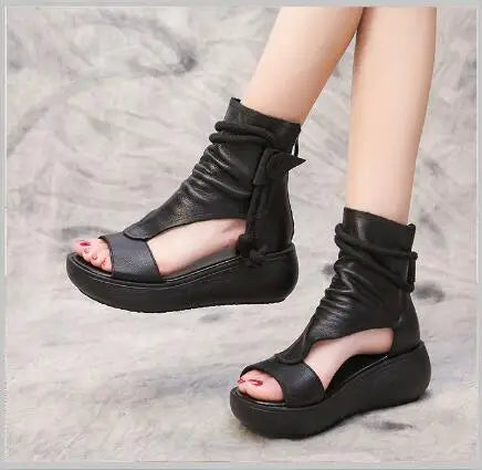 GKTINOO 2026 New Summer Black Women Leather Sandals Cool Boots Platform Shoes Wedges Sandals Women Shoes Fashion Outdoor Sandals
