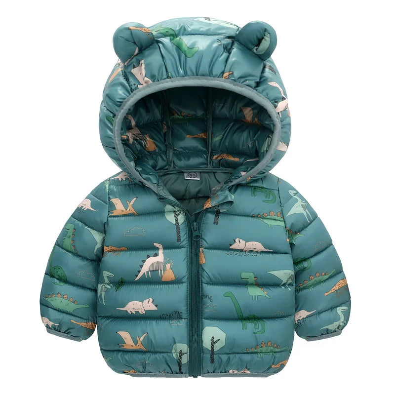 Abrigos de plumas para bebés y niñas, chaquetas con estampado de dinosaurios de dibujos animados de manga larga, ropa de abrigo con cremallera y capucha para niños de 1 a 5 años, primavera y otoño