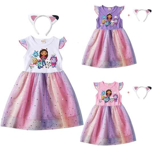 Cartoon Gabby Cats Baby Girl Dresses Kids Gabby's Doll House Clothes Cosplay Costume Children Fly Sleeve Casual Dress + Headband