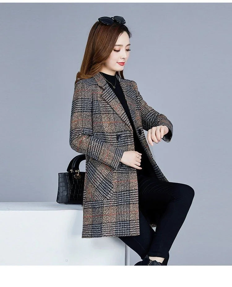 Mother's clothing Plaid Woolen Jacket 5xl Autumn Winter Female Thicken Slim Middle length Outwear Korea Women's Casual Wool Coat