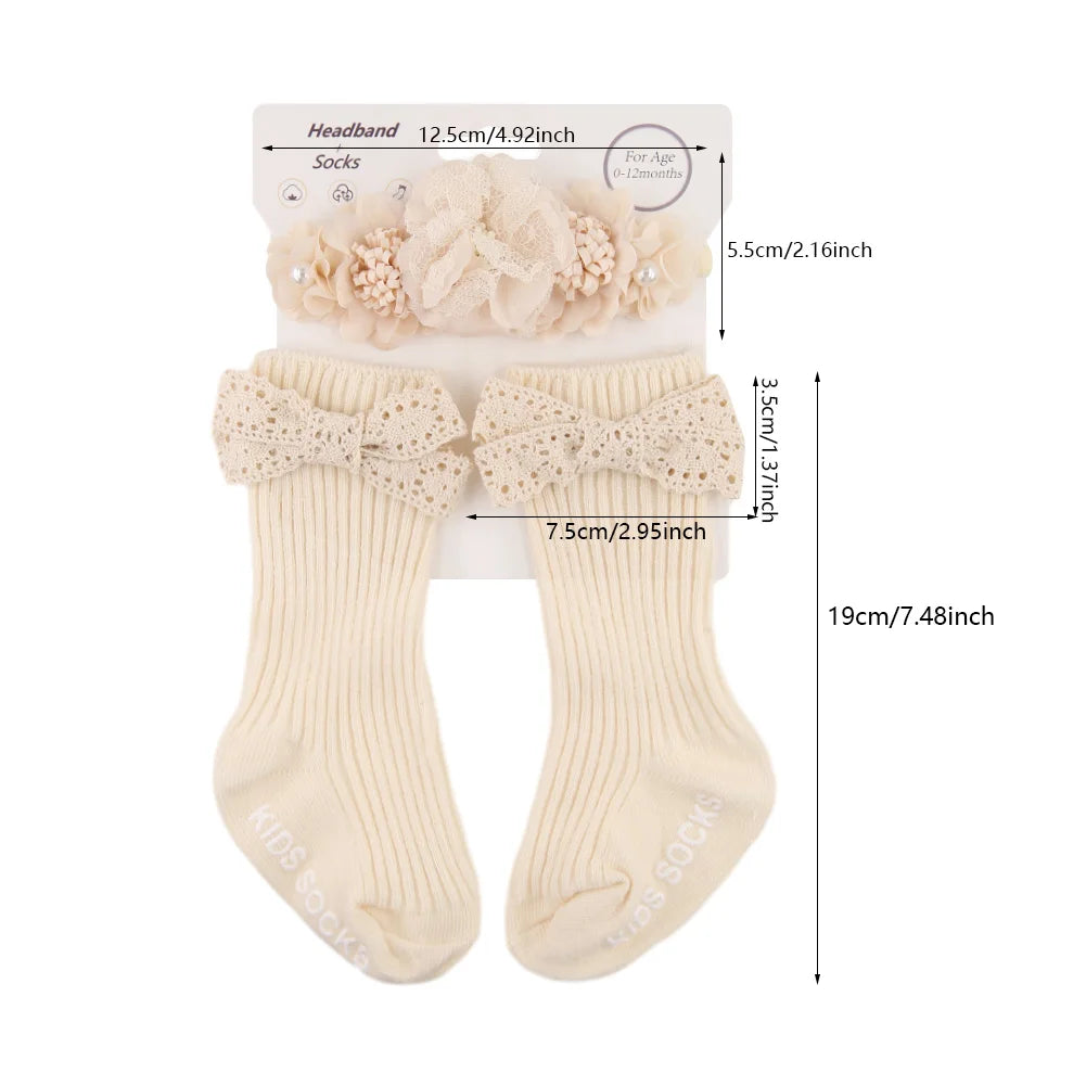 3Pcs/Set Ins Cream Color Latte Artificial Flower Headbands & Ribbed Short Socks Anti-Slip Cotton 0-12M Sockfor Infant Baby
