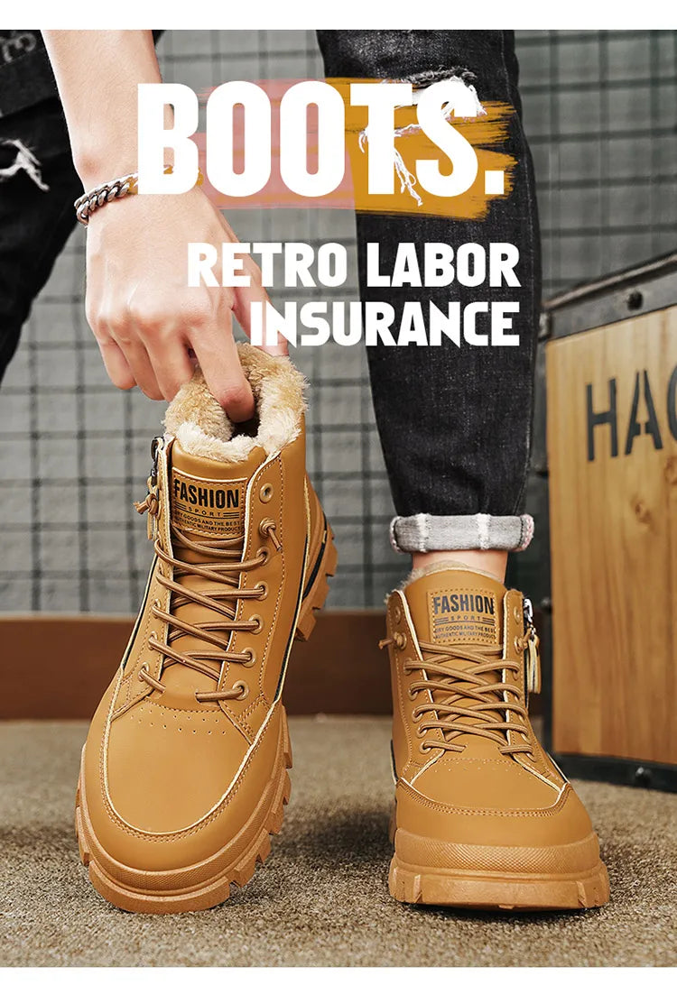 Winter Fleece-Lined Warm High-Top Men's Boots, Korean Style Versatile Men's Boots, Thickened Lightweight Cotton Shoes, Trendy Outdoor Snow Boots